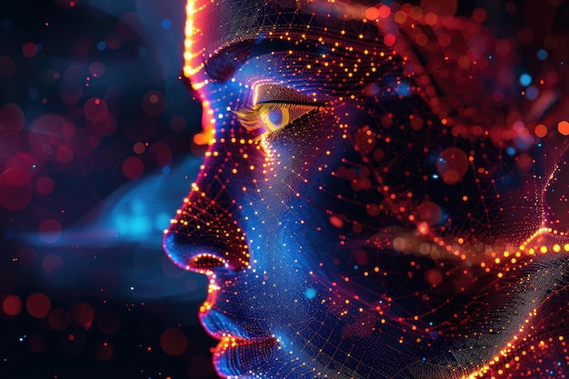 Un visage de fille abstrait fait de lignes, une silhouette d'intelligence artificielle de fille numérique.