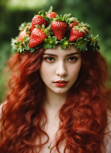 Le visage de la fille avec la couronne de fraise dans les fraises