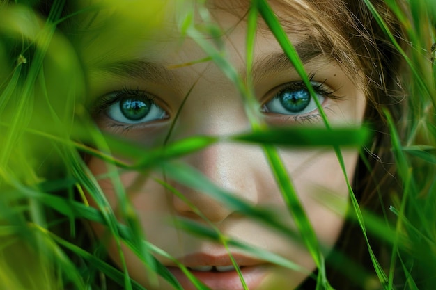 le visage d'une fille dans l'herbe verte symbolisant la beauté de la nature