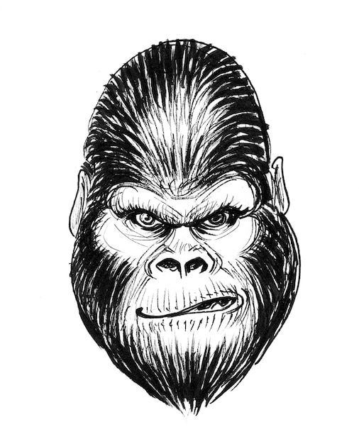 Visage de gorille en colère. Dessin noir et blanc à l'encre