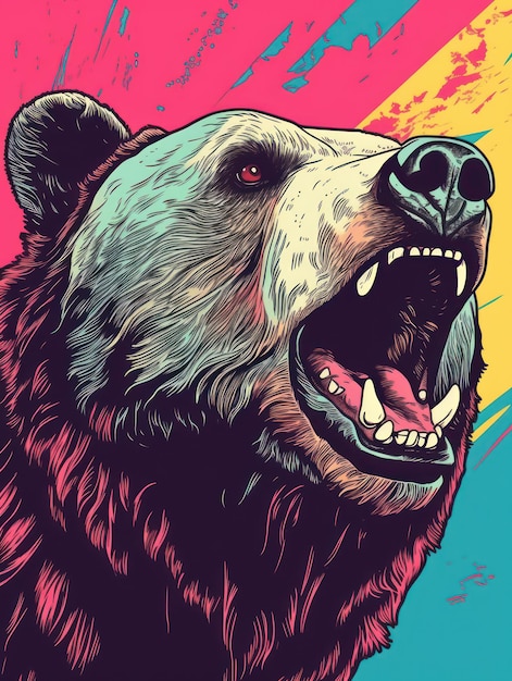 Le visage d'un grizzly en colère avec une bouche ouverte Impression pour T-shirts Generative AI