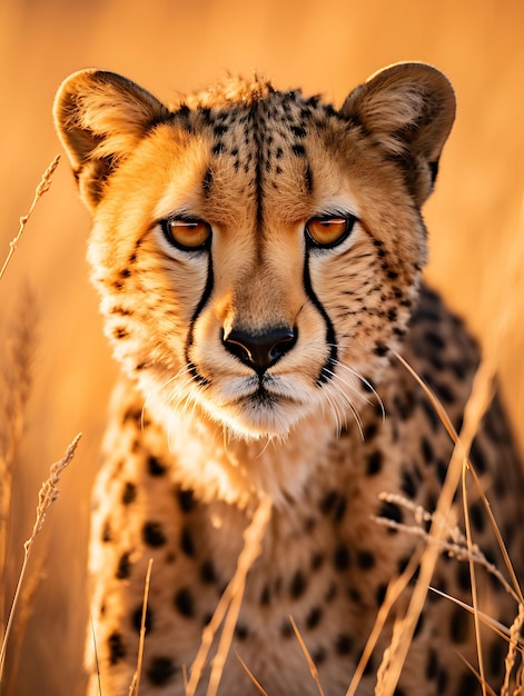 Un visage de guépard alerte au milieu de l'herbe haute dans la lumière dorée Illustration hyperréaliste Photo Art