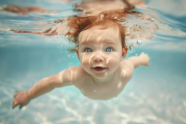 Le visage heureux des bébés sous l'eau dans le liquide azur nagant dans la piscine