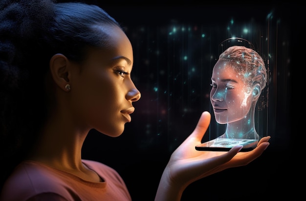 un visage d'hologramme d'une femme sortant d'un smartphone