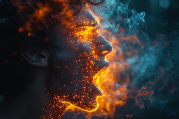 Un visage d'homme en feu sur un fond noir illustration 3D