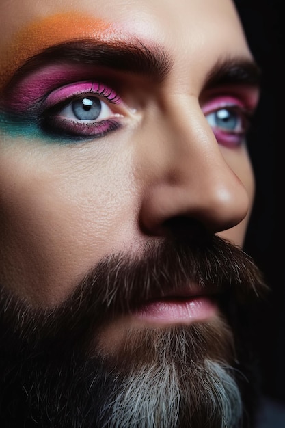 Visage d'homme gay barbu avec maquillage pour les yeux Cosmétiques conceptuels pour hommes transgenres avec mascara et eye-liner AI générative