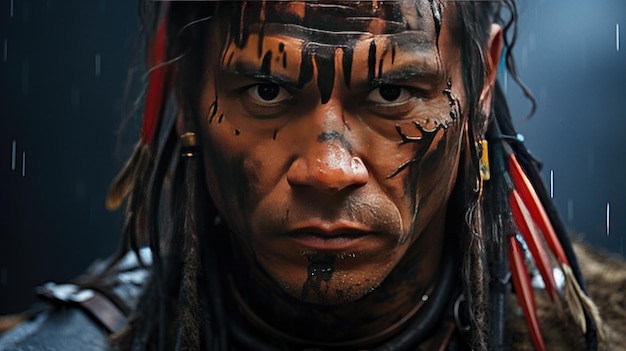 Le visage de l'homme indien guerrier Cherokee avec une peinture de guerre traditionnelle en gros plan