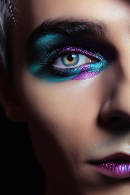 Visage d'homme transgenre gay avec maquillage pour les yeux Mascara et eye-liner pour hommes Generative AI