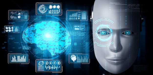 Visage humanoïde de robot bouchent avec le concept graphique de l'analyse de données volumineuses