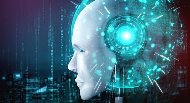 Visage humanoïde de robot se bouchent avec le concept graphique du cerveau pensant de l'IA