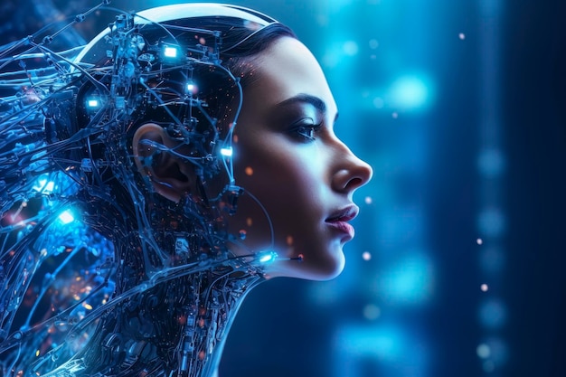 Visage d'IA symbolisant le développement de l'intelligence artificielle humanoïde féminine