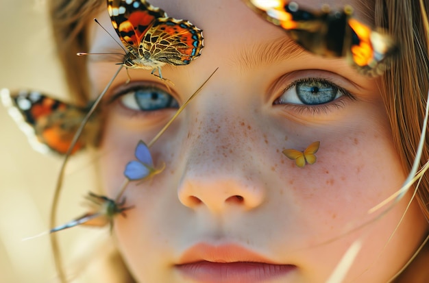 Un visage de jeune fille avec des papillons