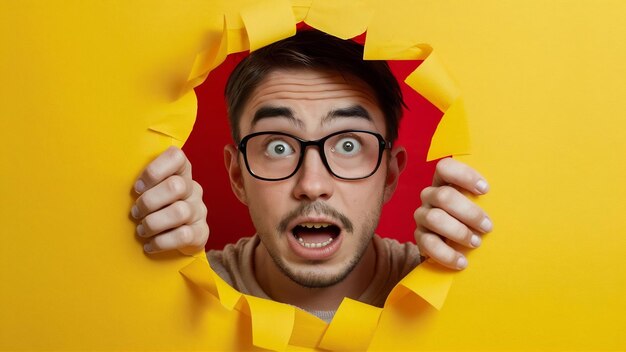 Le visage d'un jeune homme surpris et effrayé regarde à travers un trou de papier jaune et voit quelque chose de choquant.