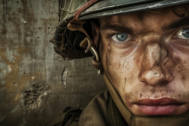 Le visage d'un jeune soldat regardant droit devant contre un mur grunge.