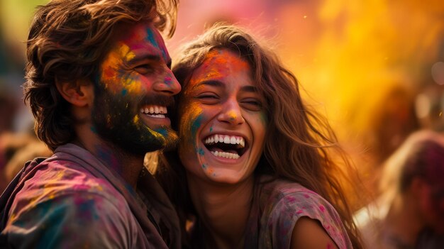 Photo visage de jeunes amis indiens coloré de gulal montrant des paumes colorées