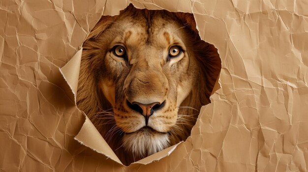 Photo un visage de lion intense regardant à travers un fond de papier beige déchiré exhalant force et concentration