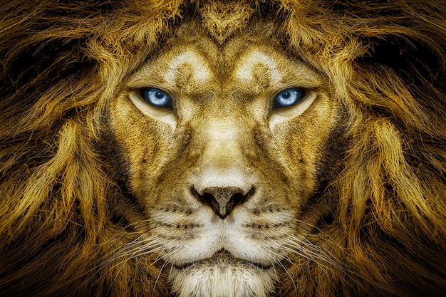 Un visage de lion avec un oeil bleu