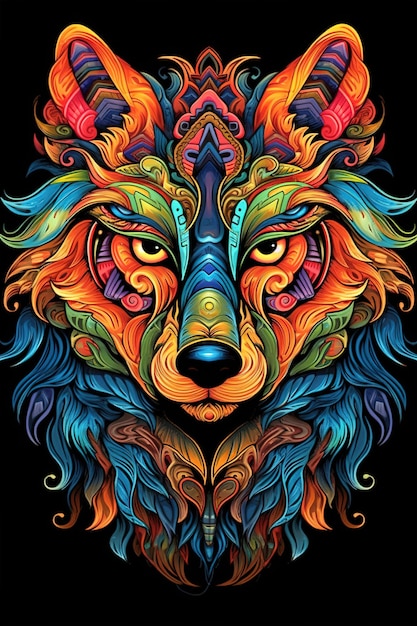un visage de loup aux couleurs vives sur un fond sombre