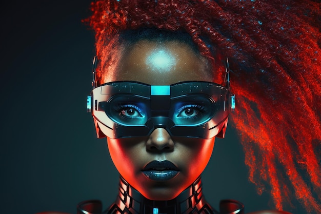 Visage de lunettes vr futuriste et femme noire aux cheveux rouges isolés sur fond néon foncé métaverse généré par l'IA