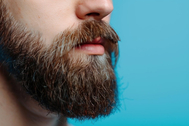 visage masculin avec barbe soignée et moustache sur fond bleu