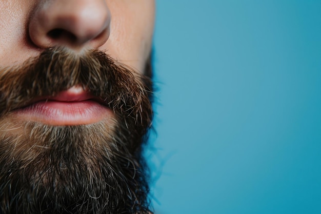 visage masculin avec barbe soignée et moustache sur fond bleu