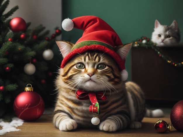 Le visage d'un mignon chat dans une casquette rouge de Père Noël regarde la caméra