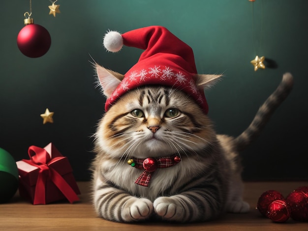 Photo le visage d'un mignon chat dans une casquette rouge de père noël regarde la caméra