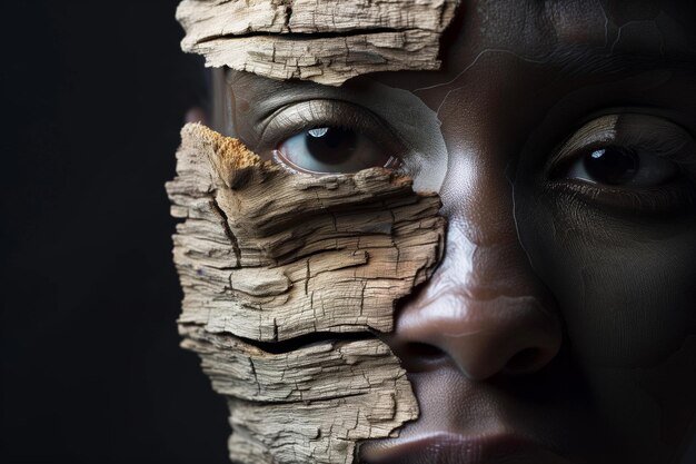 Photo un visage avec la moitié de la peau pelée en arrière pour révéler une texture de bois en dessous