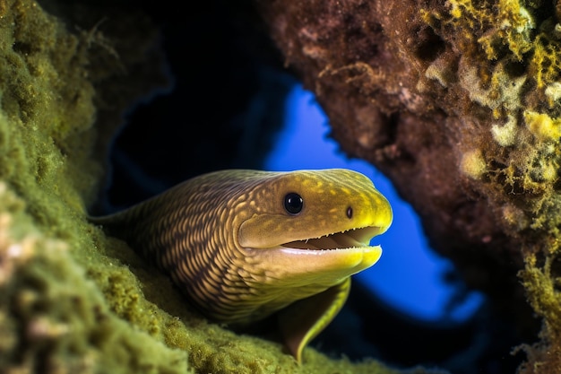 Le visage d'une morène méditerranéenne en gros plan Poisson populaire dans l'aquaculture