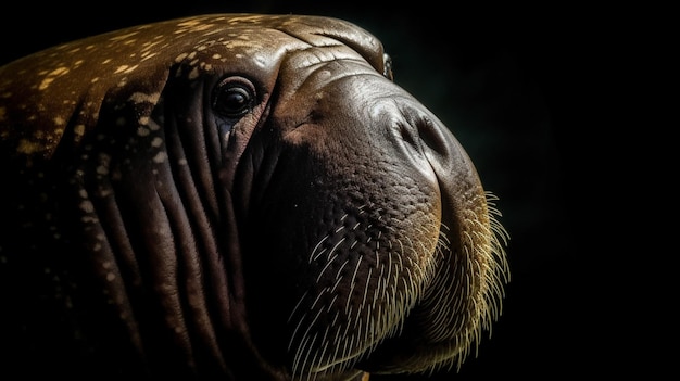 Le visage d'un morse est montré sur cette photo.