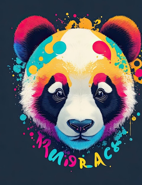 Visage de panda avec des éclaboussures de peinture colorées sur fond sombre
