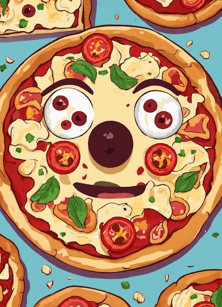 Le visage de la pizza est grossier, les yeux, la bouche, le nez.