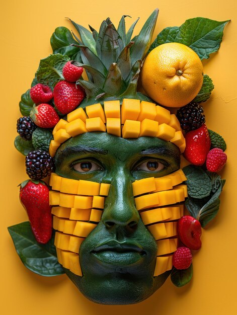 Un visage de portrait capricieux réimaginé comme un mélange de fruits et de légumes