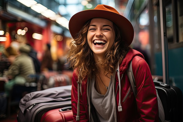 Photo visage radieux de joie en embarquant pour un voyage tant attendu génératif ia