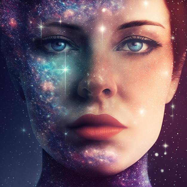 Le visage ravissant du portrait de fille fusionne avec la galaxie en double exposition