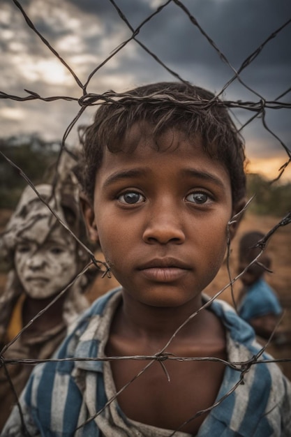 visage sale regard profond enfants tristes dans le camp de réfugiés guerre changement climatique et concept de politique mondiale