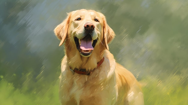 Visage souriant de chien golden retriever dans le jardin avec fond de fleurs