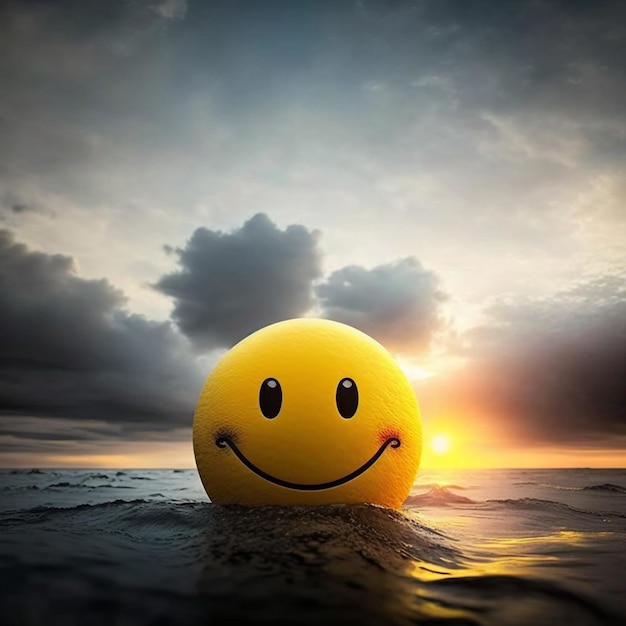 Visage souriant jaune se couchant sur l'océan au lieu du coucher de soleil