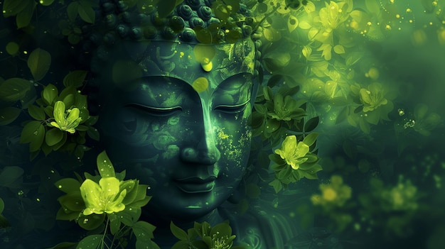 Photo le visage d'une statue de bouddha brille à travers une dense tapisserie de feuilles vertes luxuriantes et de fleurs incarnant natu