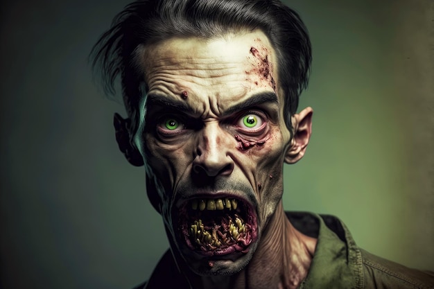 Photo visage terrible et maléfique d'un gars debout zombie avec du sang et des dents pourries