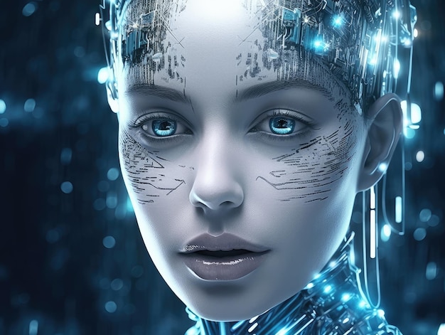 Un visage de tête d'androïde d'intelligence artificielle féminine comme une femme humaine sur un fond noir AI générative