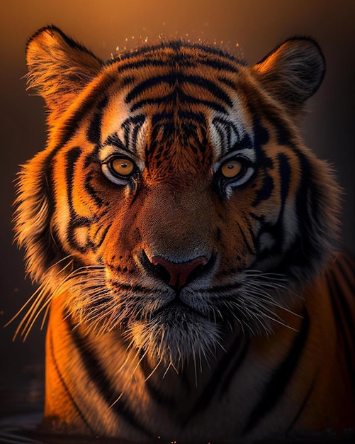 Le visage d'un tigre est éclairé par un fond sombre.