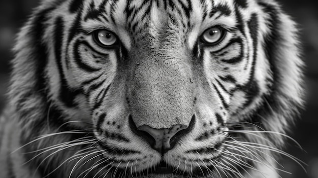 Un visage de tigre noir et blanc avec le mot tigre sur le devant.