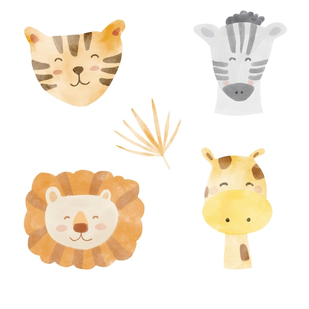 Visage de tigre, zèbre, jirafe, lion. Ensemble d'animaux aquarelle safari africain dessin animé mignon
