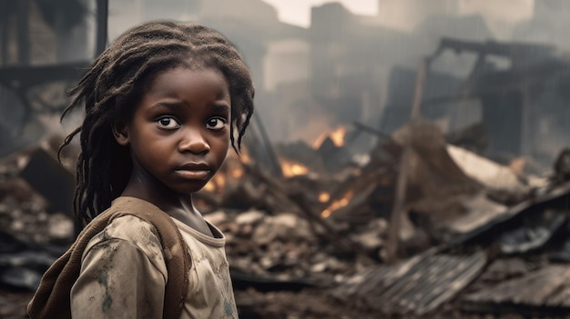 Un visage triste d'une petite fille africaine debout devant l'effondrement des bâtiments zone catastrophe naturelle ou victime de guerre belle Generative AI AIG32