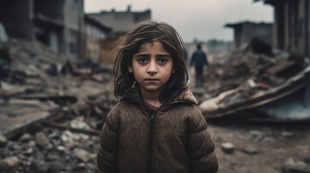 Un visage triste d'une petite fille turque debout devant l'effondrement des bâtiments zone catastrophe naturelle ou victime de guerre belle IA générative AIG32