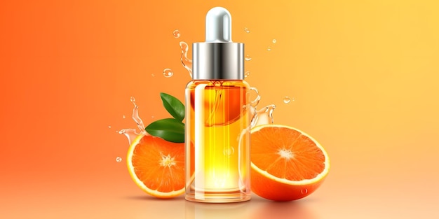 Visage ultra hydratant Vitamine C Serum Ad Flacon compte-gouttes sur des tranches de mandarine flottant et des éclaboussures de liquide tourbillonnent en arrière-plan Concept de soins de la peau Generative Ai