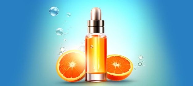Visage ultra hydratant Vitamine C Serum Ad Flacon compte-gouttes sur des tranches de mandarine flottant et des éclaboussures de liquide tourbillonnent en arrière-plan Concept de soins de la peau Generative Ai