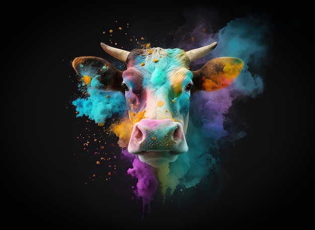 Un visage de vache fabriqué à partir d'une explosion de poudre colorée sur un fond propre Animaux de ferme Illustration IA générative