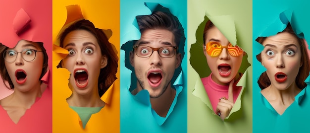 Photo des visages de gens surpris sur des arrière-plans colorés, des gens heureux souriants, un collage de différentes expressions humaines.